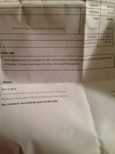 My original specification message on the receipt.